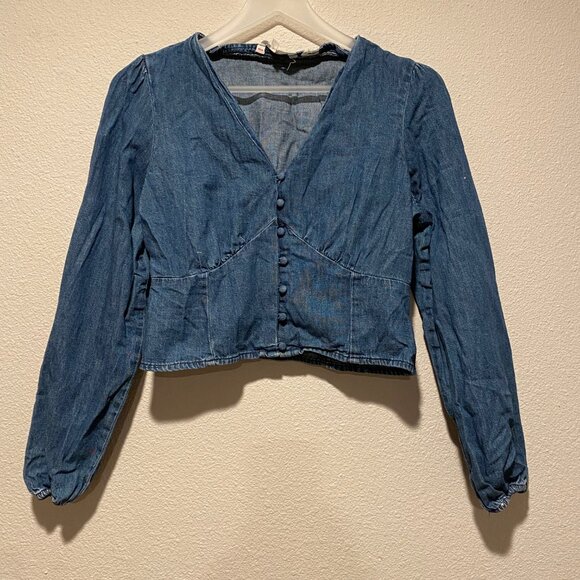 Levi’s Y2K Denim Prairie Corset Blouse Puff Sleeve Button-Up – Size Medium - Picture 2 of 5